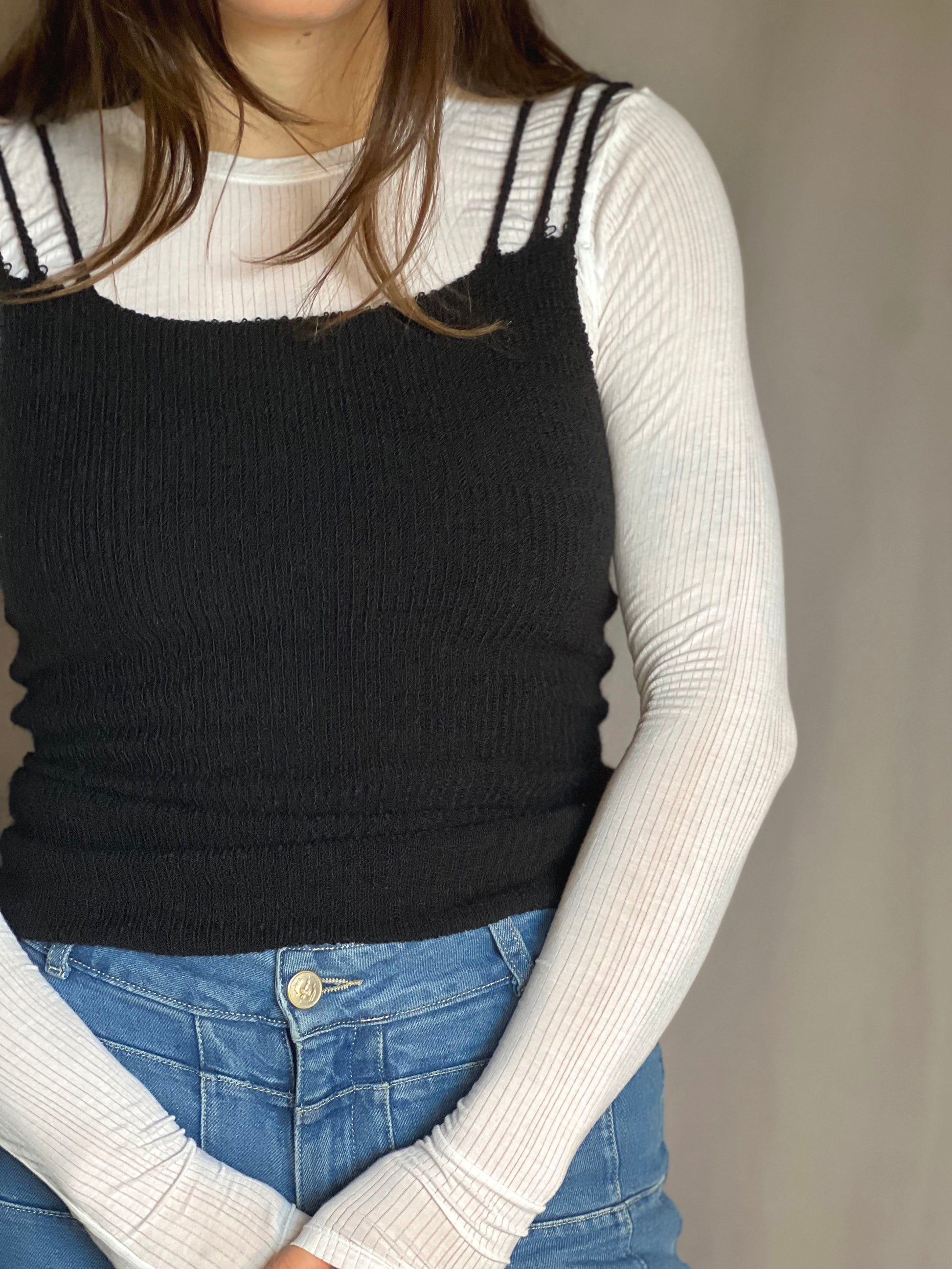 rib knit tank top with 3 shoulder straps in black