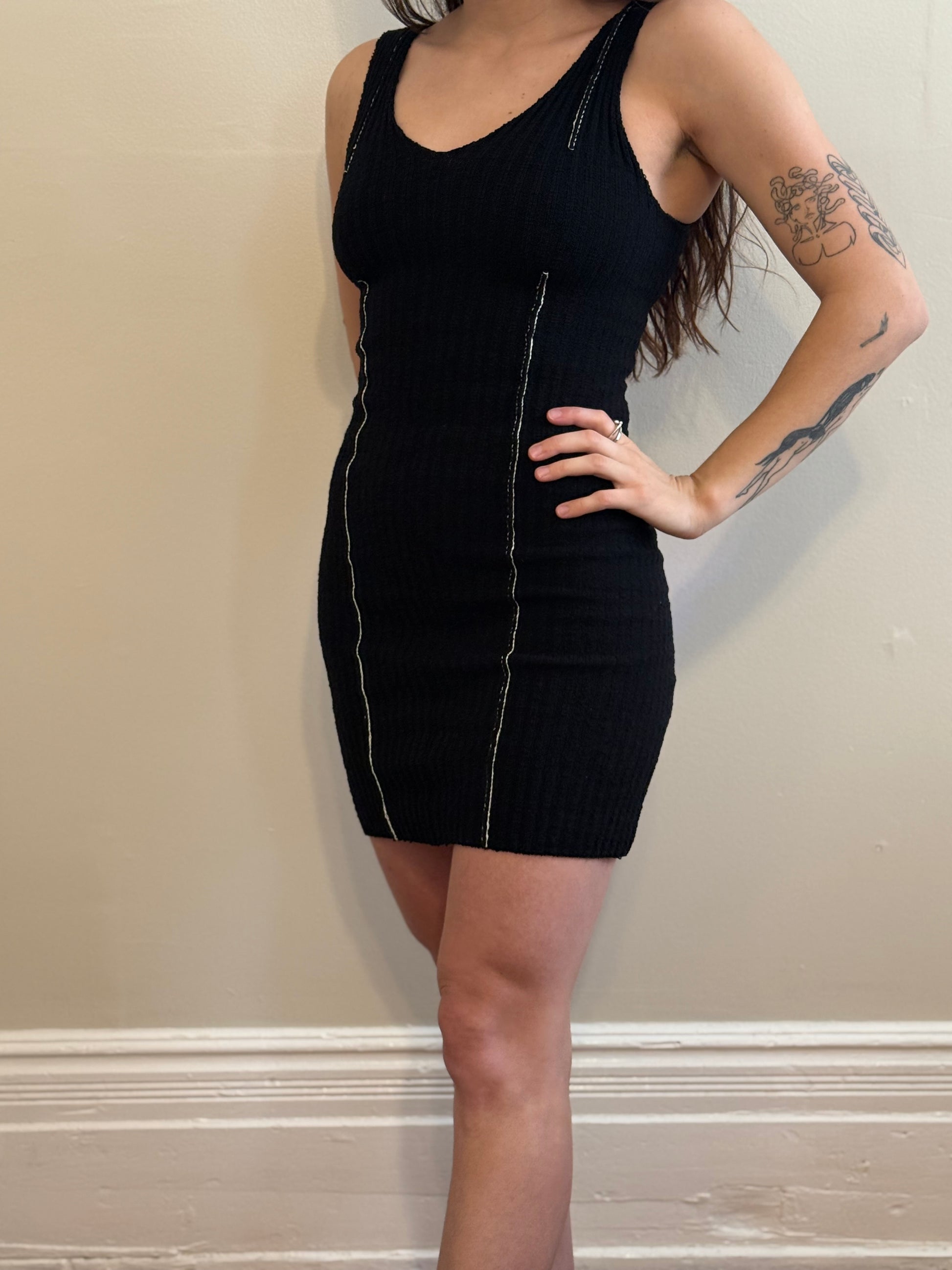 black fitted knit v neck dress