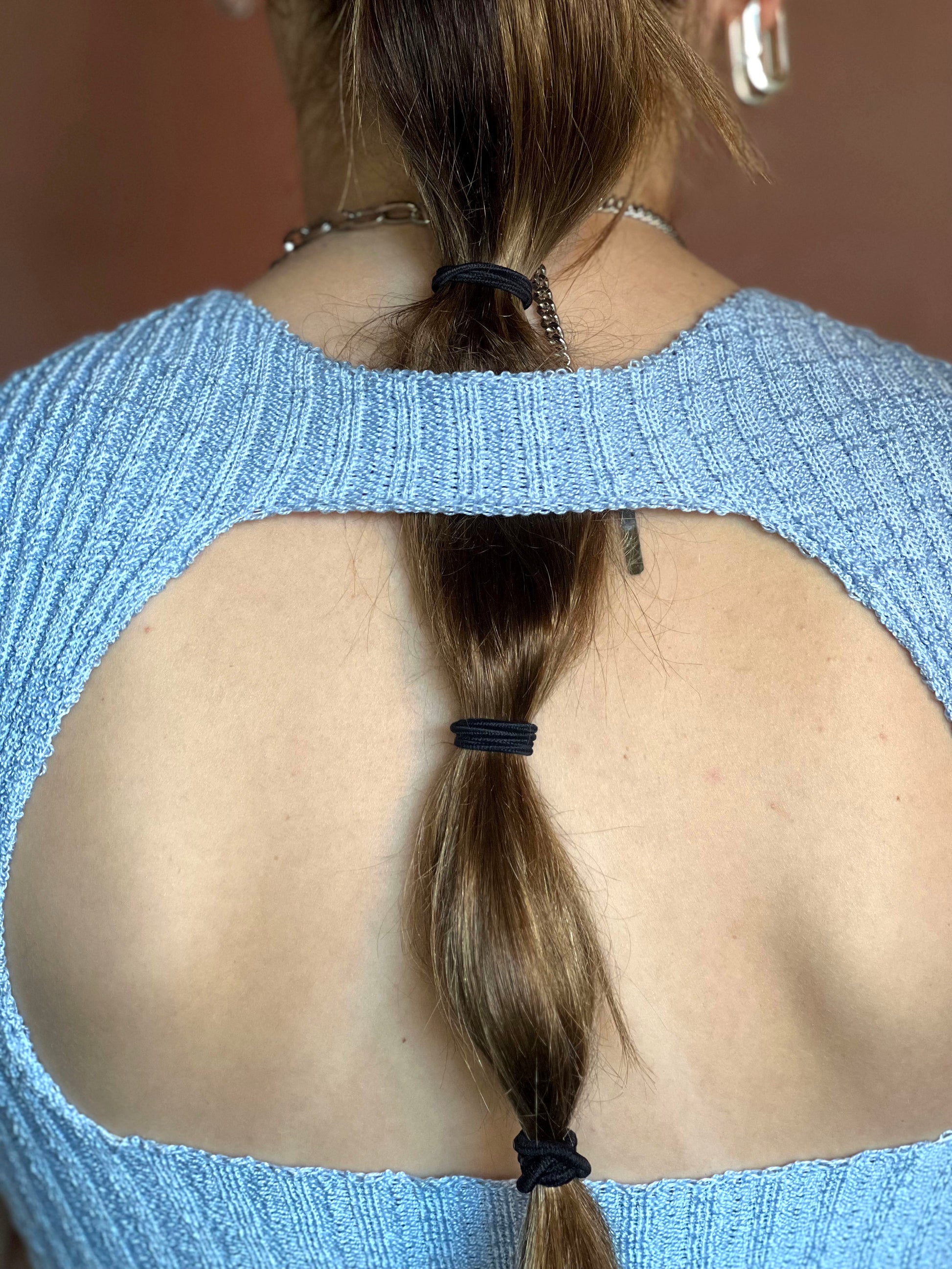 rib knit with back cut out in blue