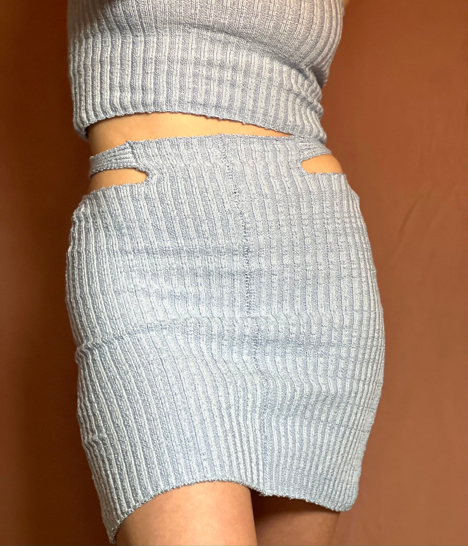 rib knit blue skirt with tie waist