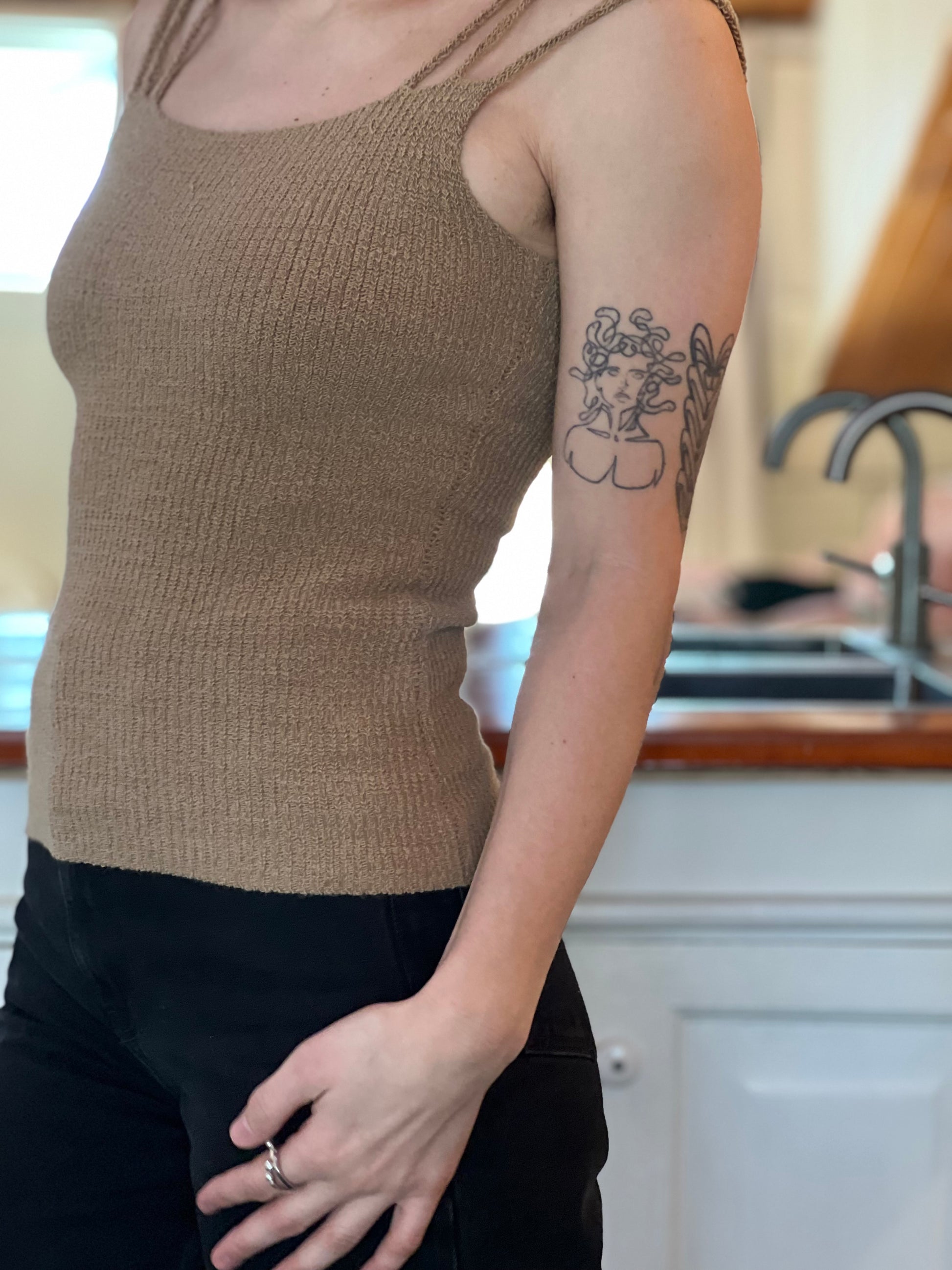 rib knit tank top with 3 shoulder straps in camel
