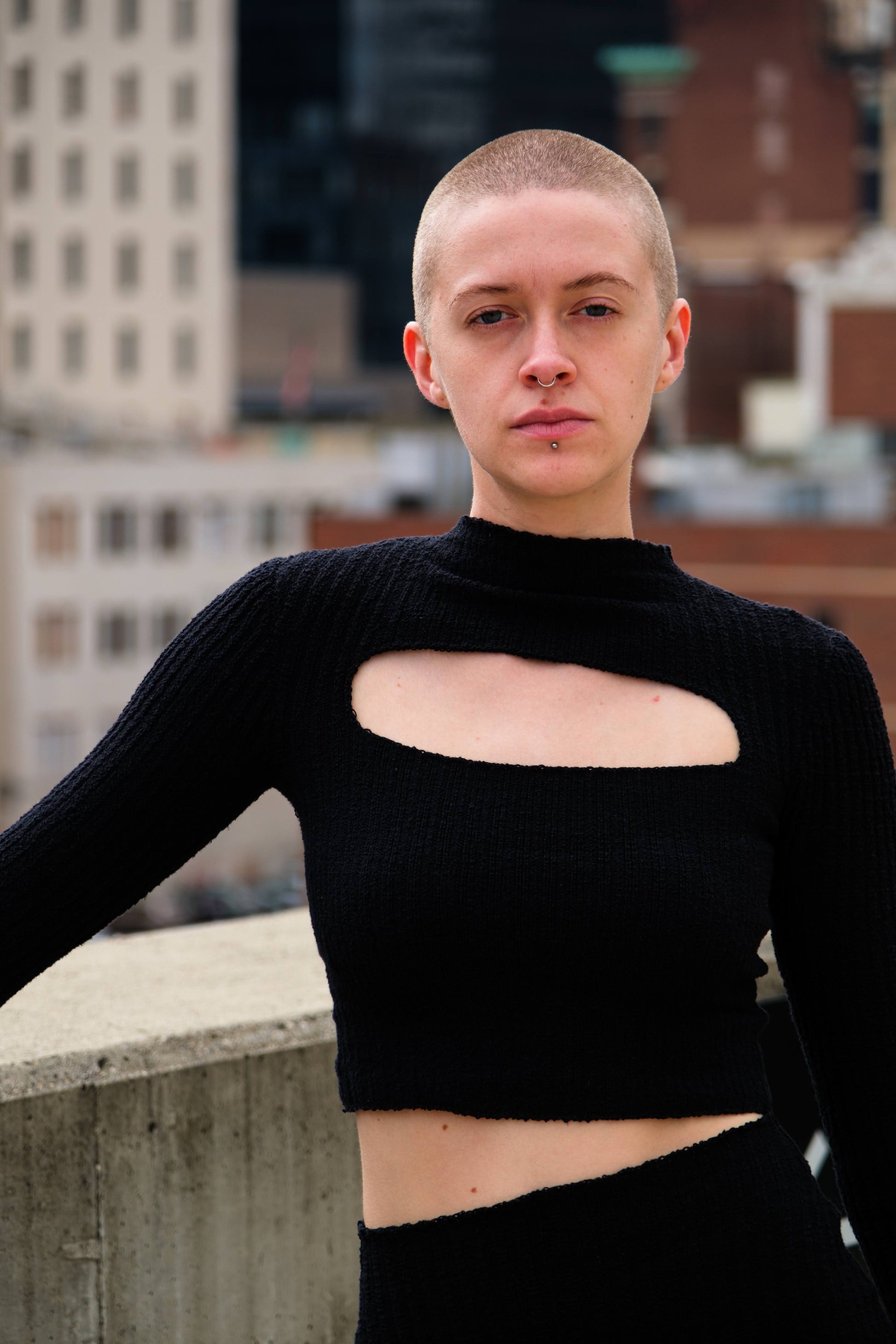 rib knit cropped sweater with cut out