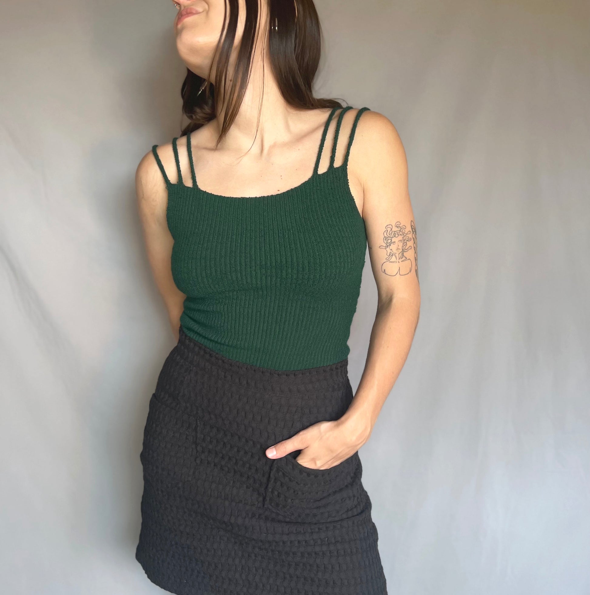rib knit tank top with 3 shoulder straps in forest green