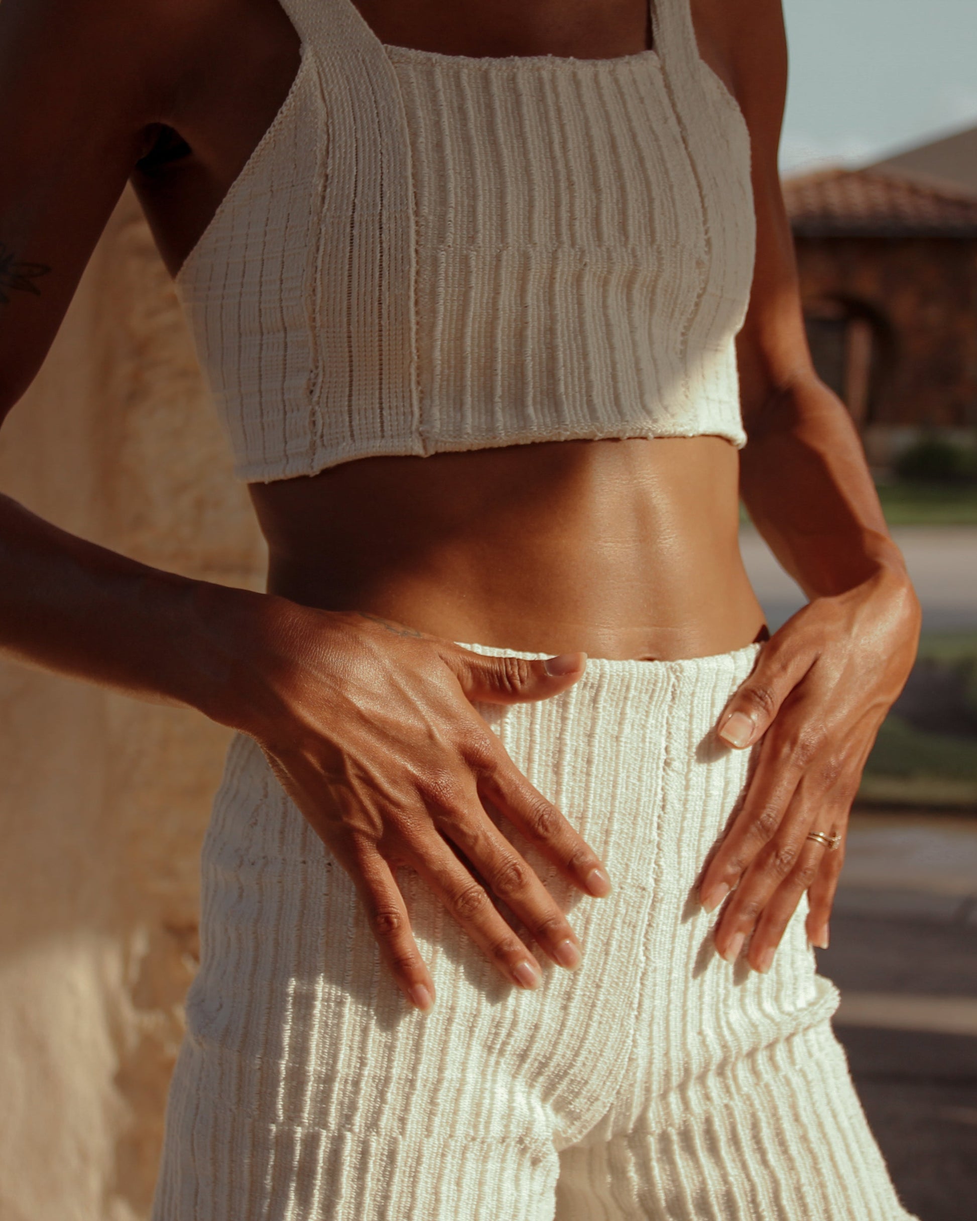 knit bralette and short set in natural