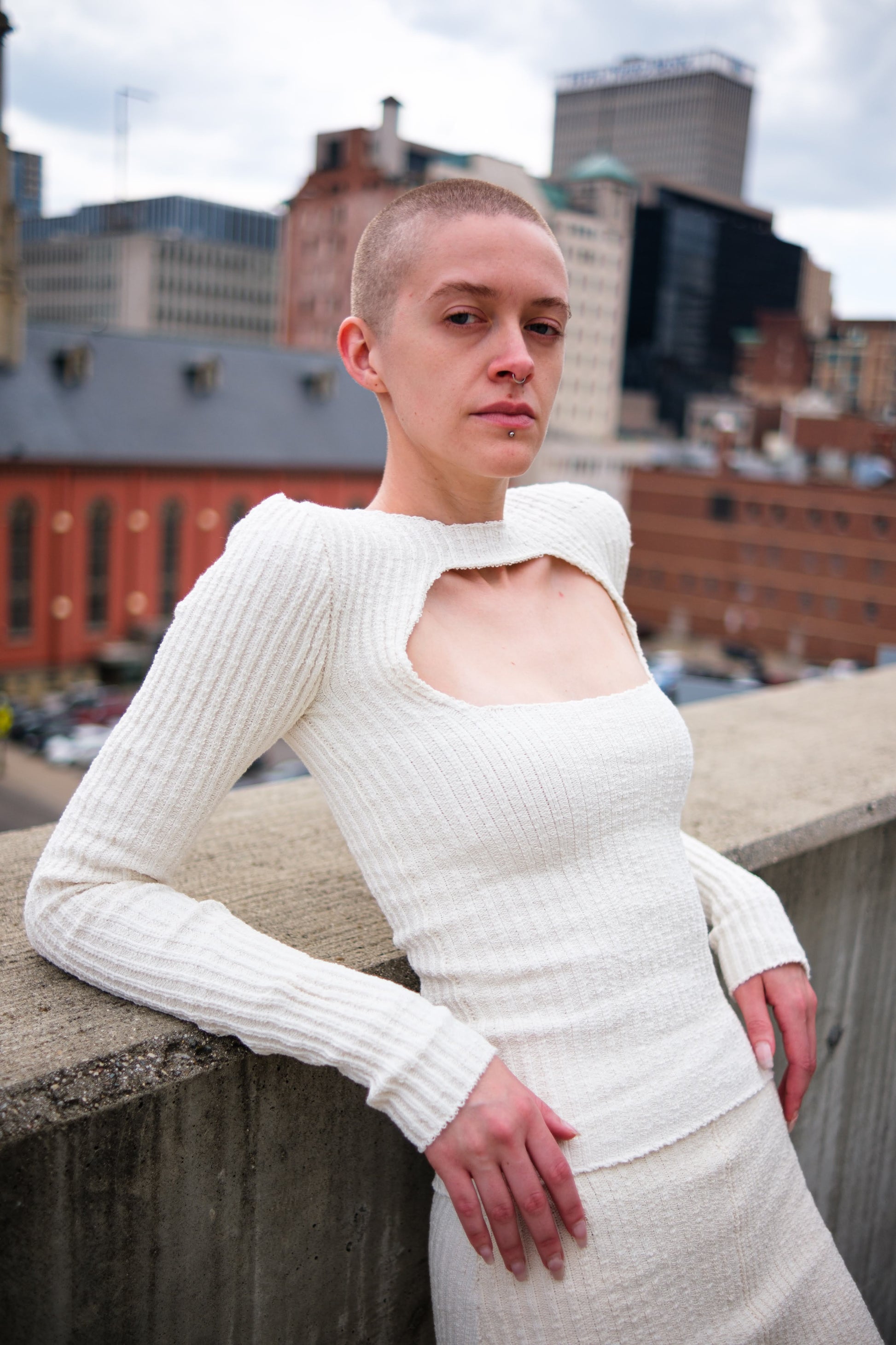 rib knit top with cut out in natural