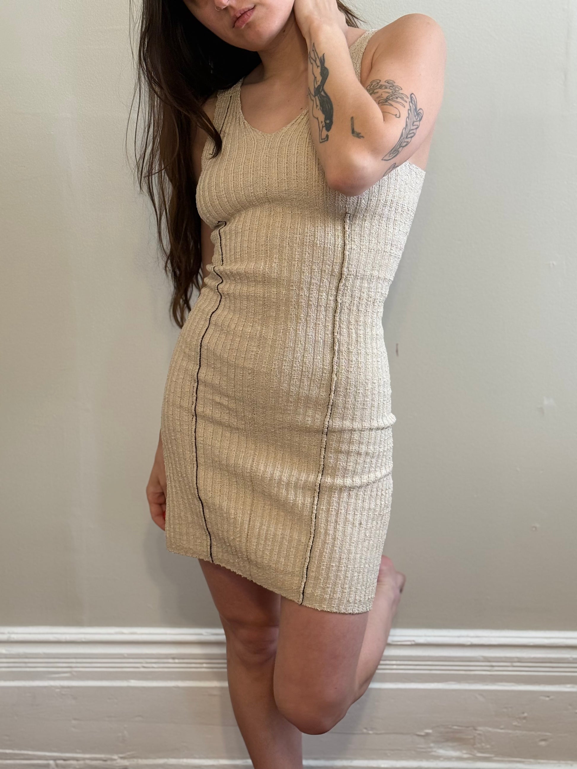 ribbed knit v neck dress in beige color