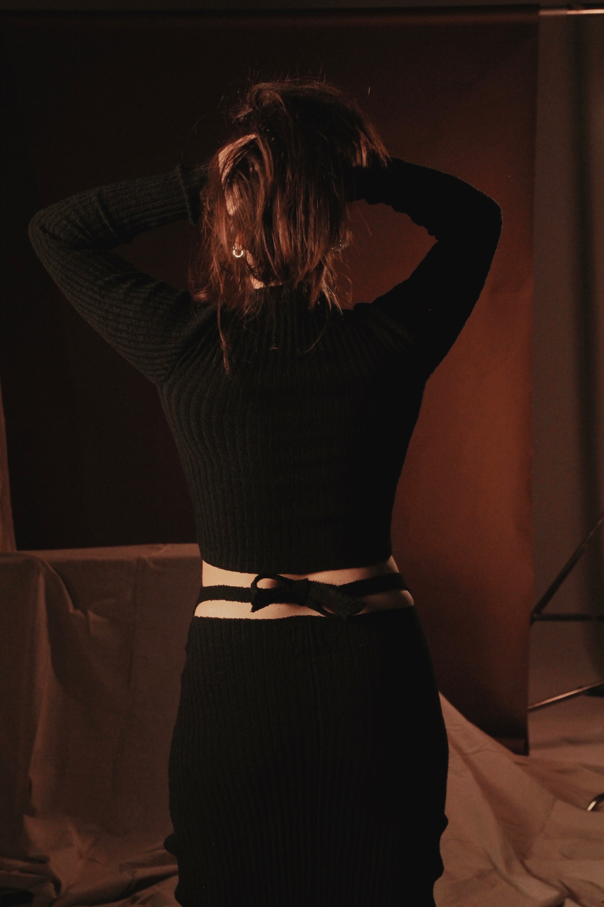 rib knit crop top and skirt in black