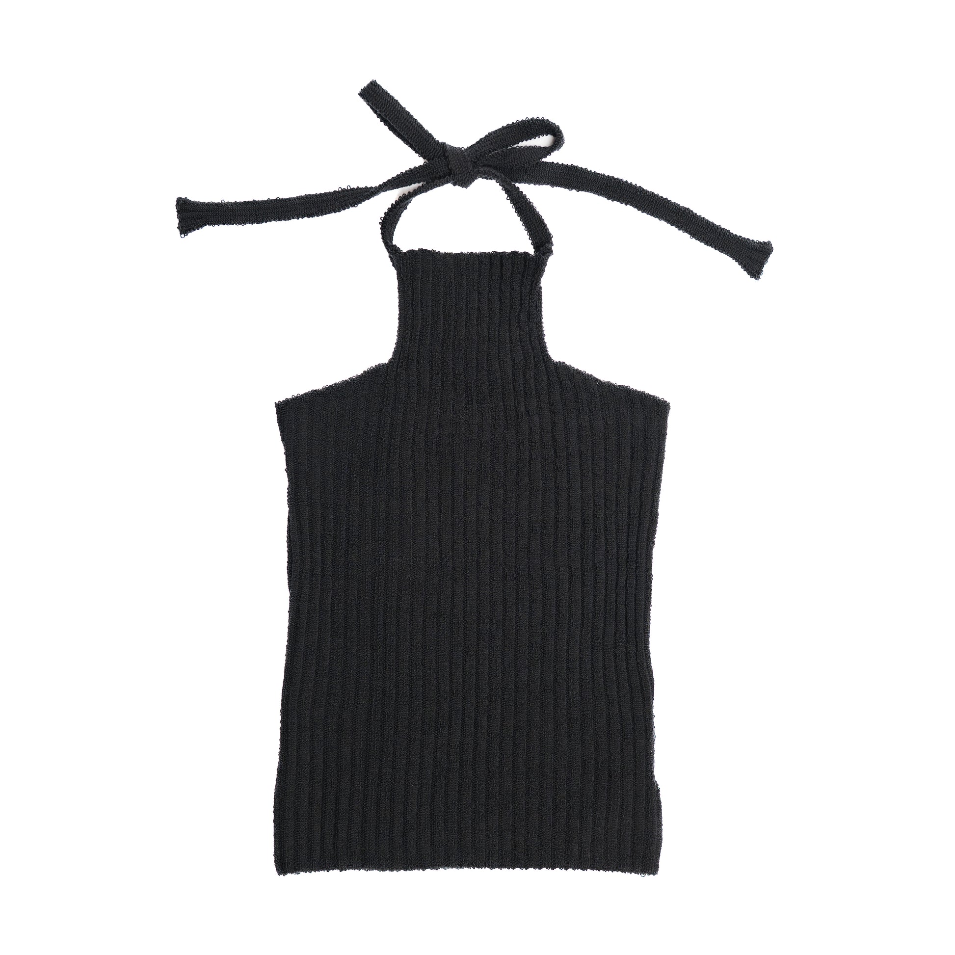 Black ribbed knit halter tank top with tied straps on a white background