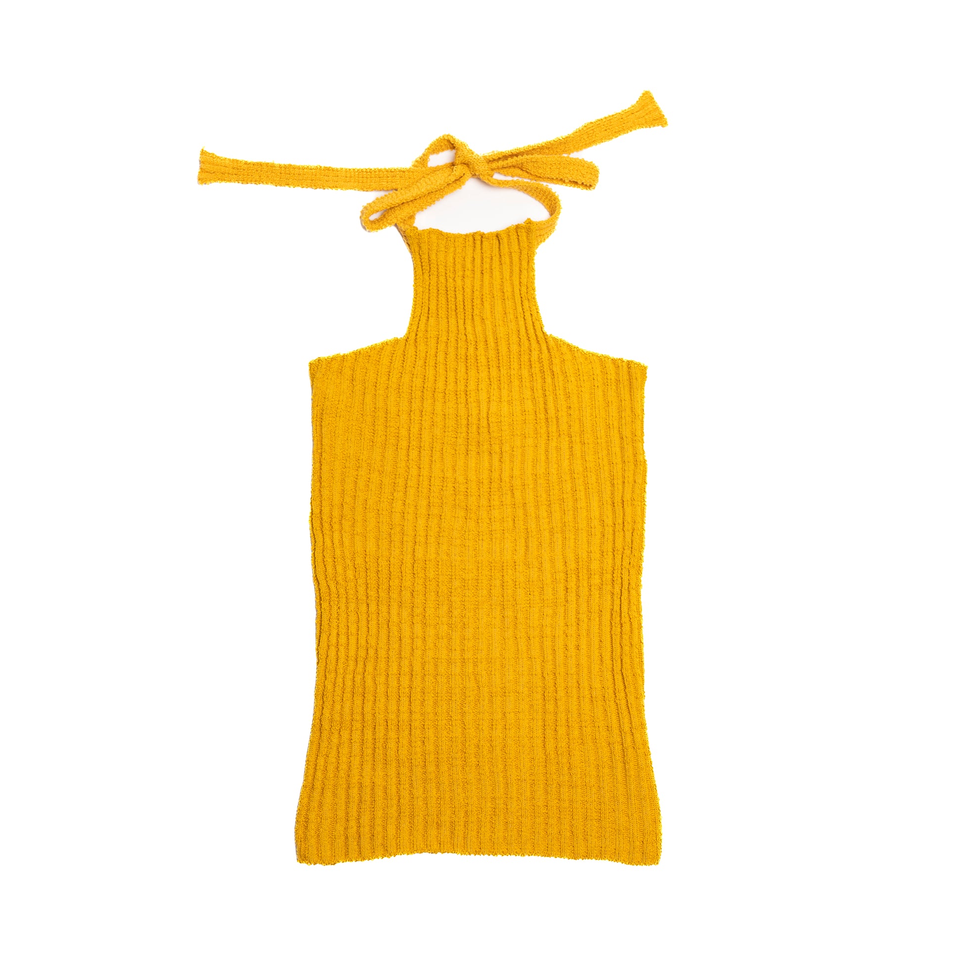 Yellow ribbed tank top with halter neck and tie detail on a white background