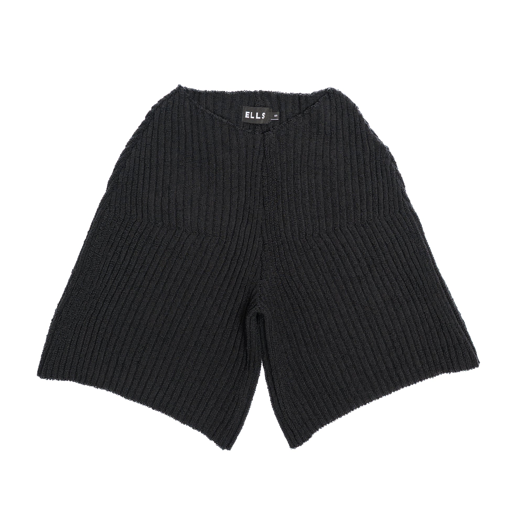 Black ribbed knit shorts on a white background