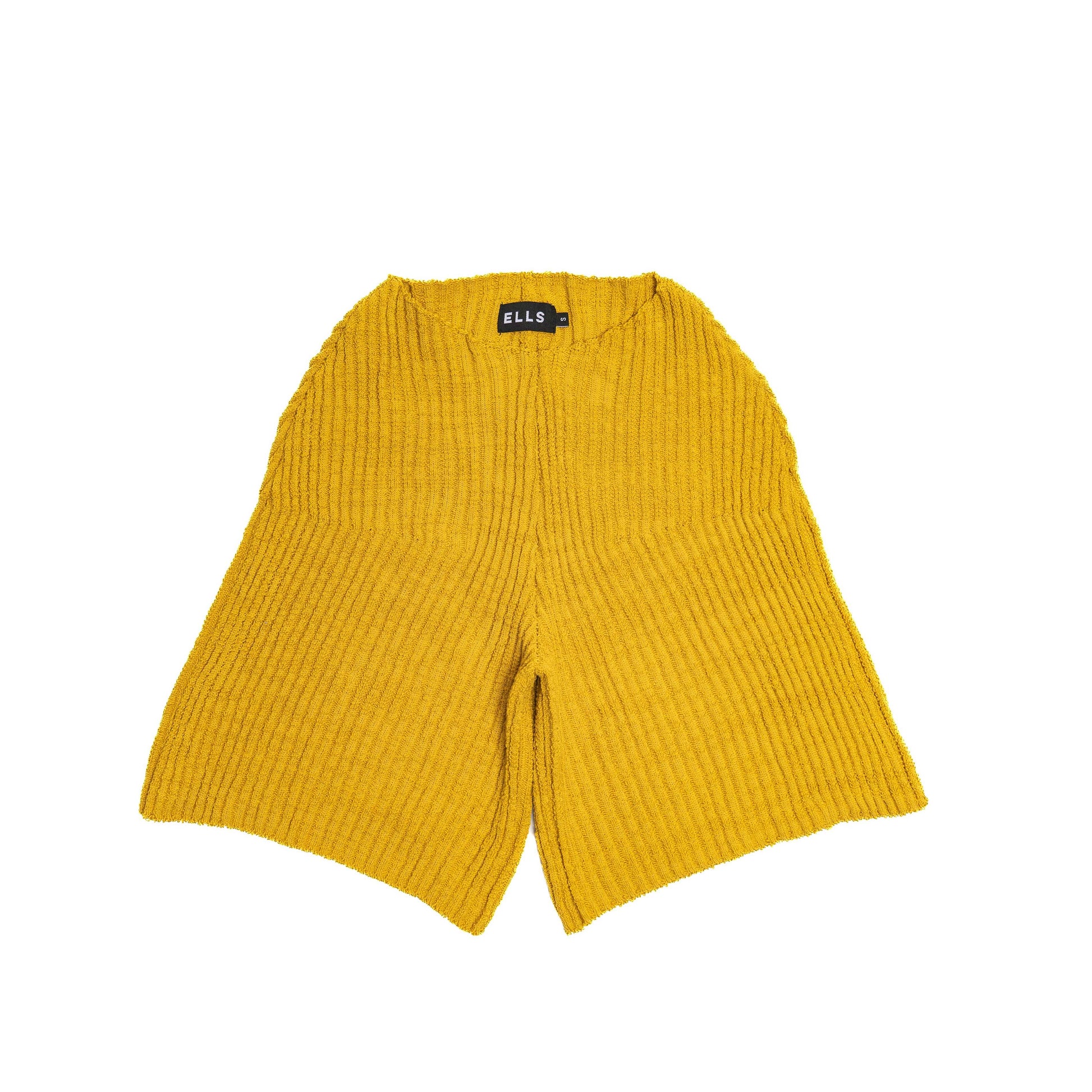 Yellow ribbed shorts with 'ELLS' label on a white background